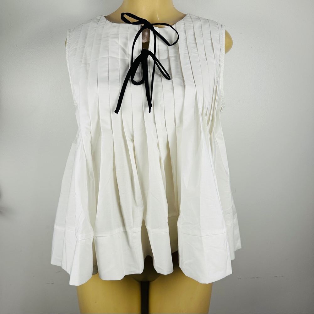 New Commense Pleated Swing Top Sz M Tie Neck Bows White Cotton Shirt Blouse